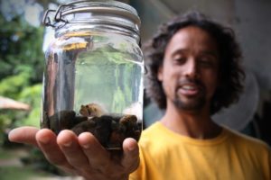 Scientist holds jar containing water, rocks, and a live native 'o'opu.